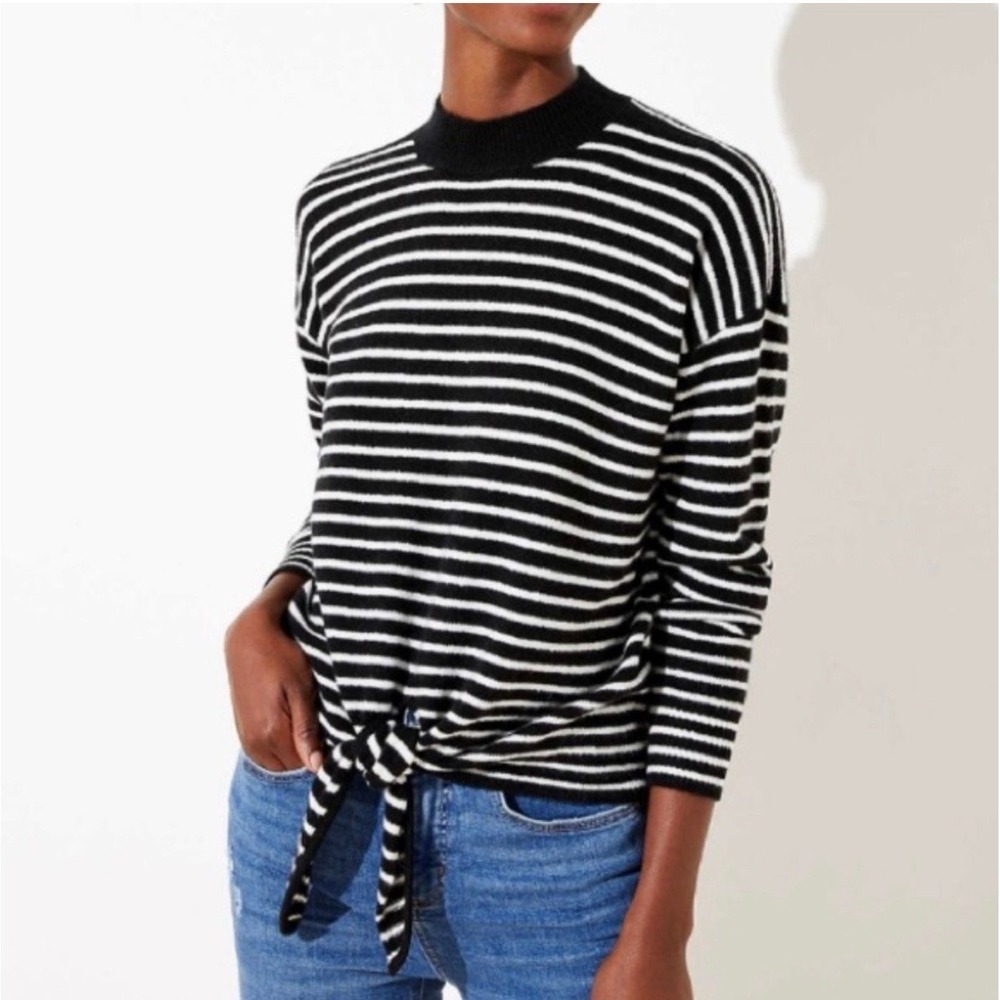 LOFT Black White Striped Tie Front Sweater M Soft Knit Crewneck
